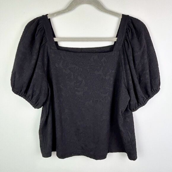 Loft Black Square Neck Puff Sleeve Floral Jacquard T Shirt Top Classic Gothic L - Picture 3 of 10